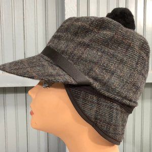Langenberg Gray Plaid 6 3/4 Wool Pom Ski Winter Hunting Ear Flaps Hat Made USA